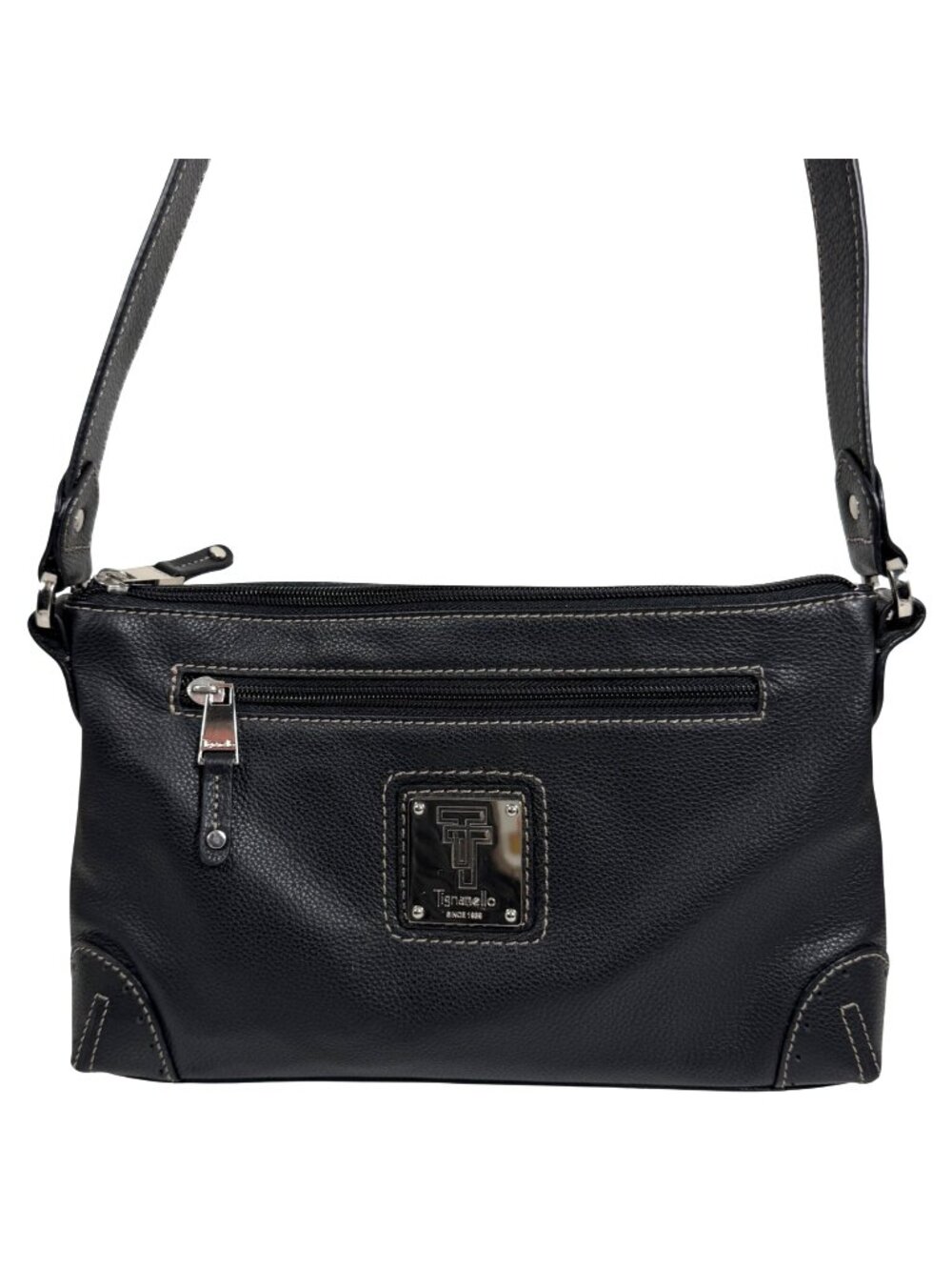 Tignanello Black Pebbled Leather Shoulder Bag Front Zip Pocket Classy Biker